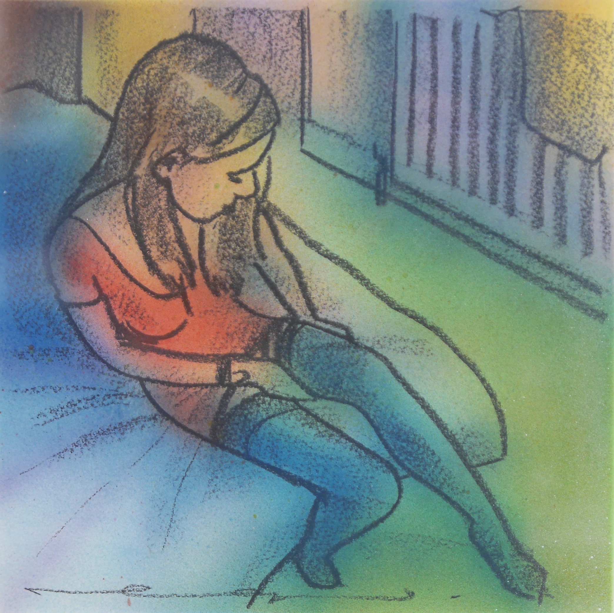 Contemporary colour print, 'Girl straightens blue stockings II', unsigned, inscribed in pencil, 29 x 27cm. Condition - good